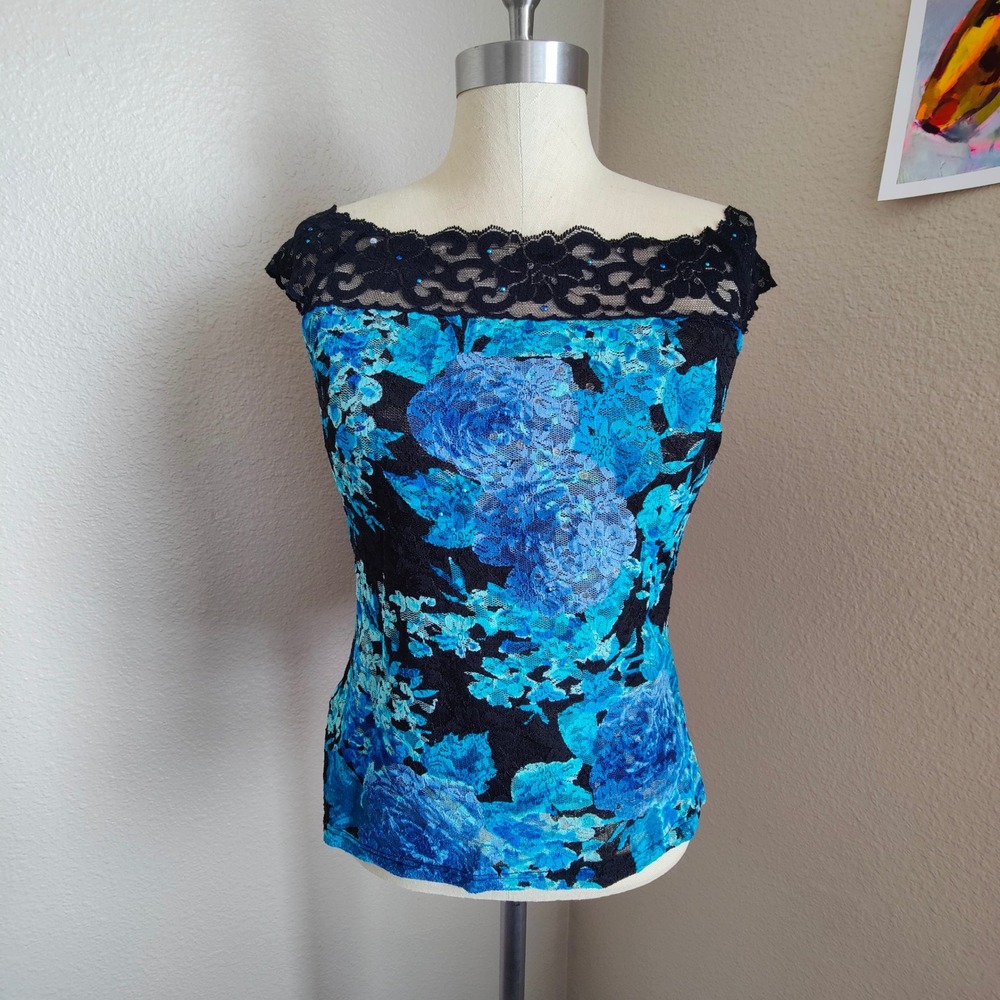 Vintage 90s Cache Blue Floral Lace Off Shoulder Rhinestone USA Fairy Y2K Large